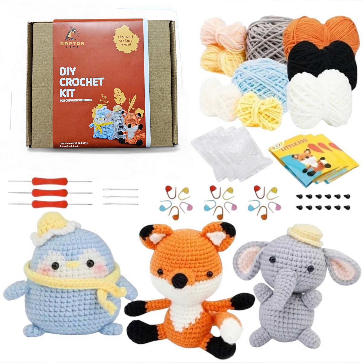 Raptor Home Beginner DIY Crochet Kit – Baby Penguin, Fox & Elephant