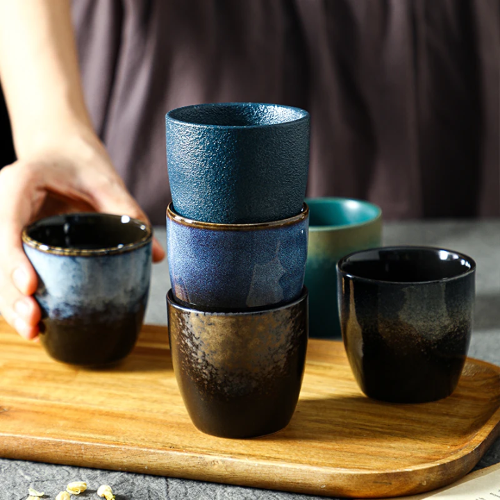 Set of 5 Japanese Kiln-Glazed Ceramic Tea & Coffee Cups - 150ml | Nature-Inspired Design | Gift Box Set