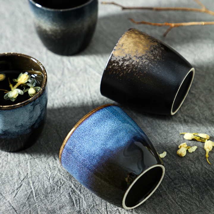 Set of 5 Japanese Kiln-Glazed Ceramic Tea & Coffee Cups - 150ml | Nature-Inspired Design | Gift Box Set