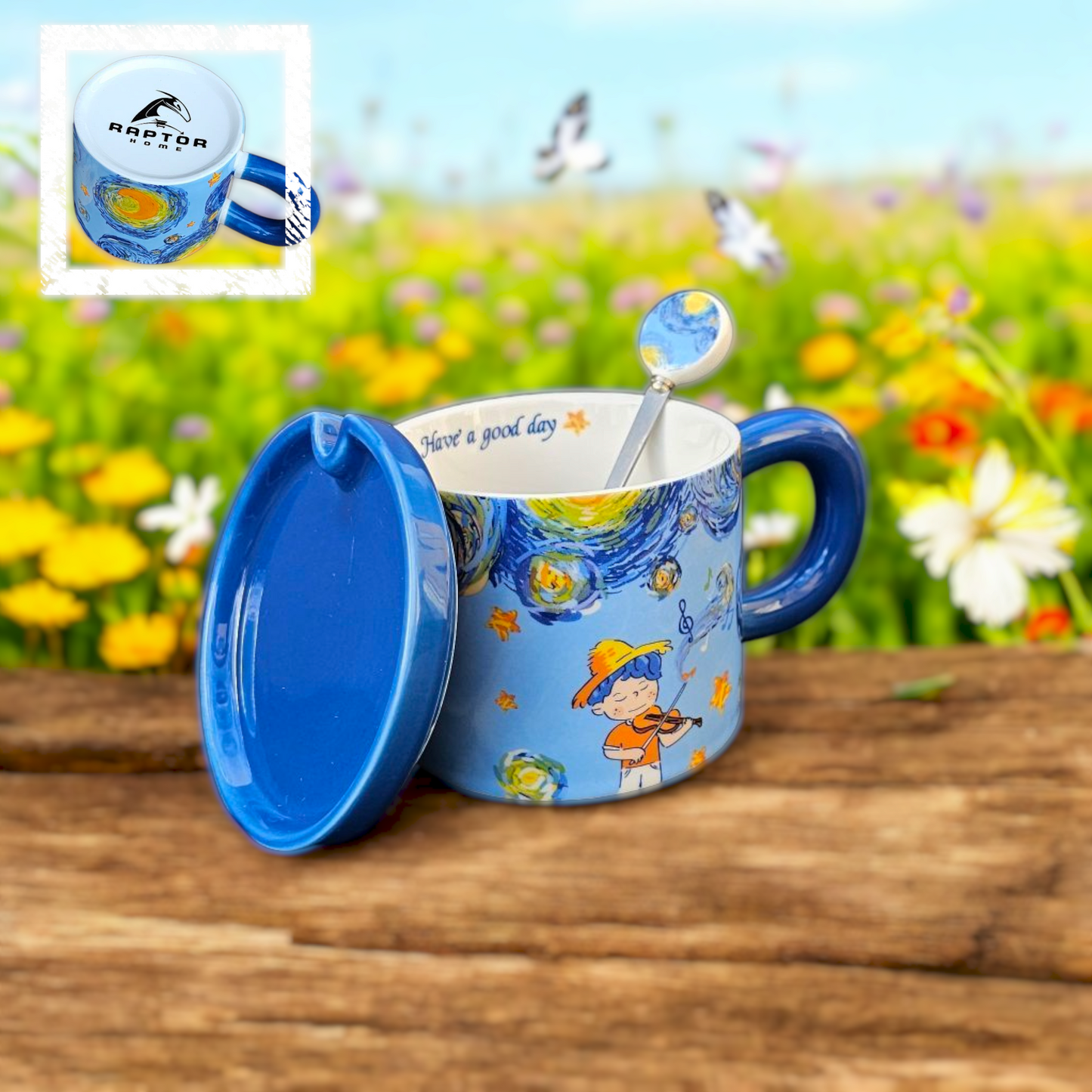 Raptor Home Kids' Ceramic Milk or Cereal Cup with Lid & Spoon 350ML