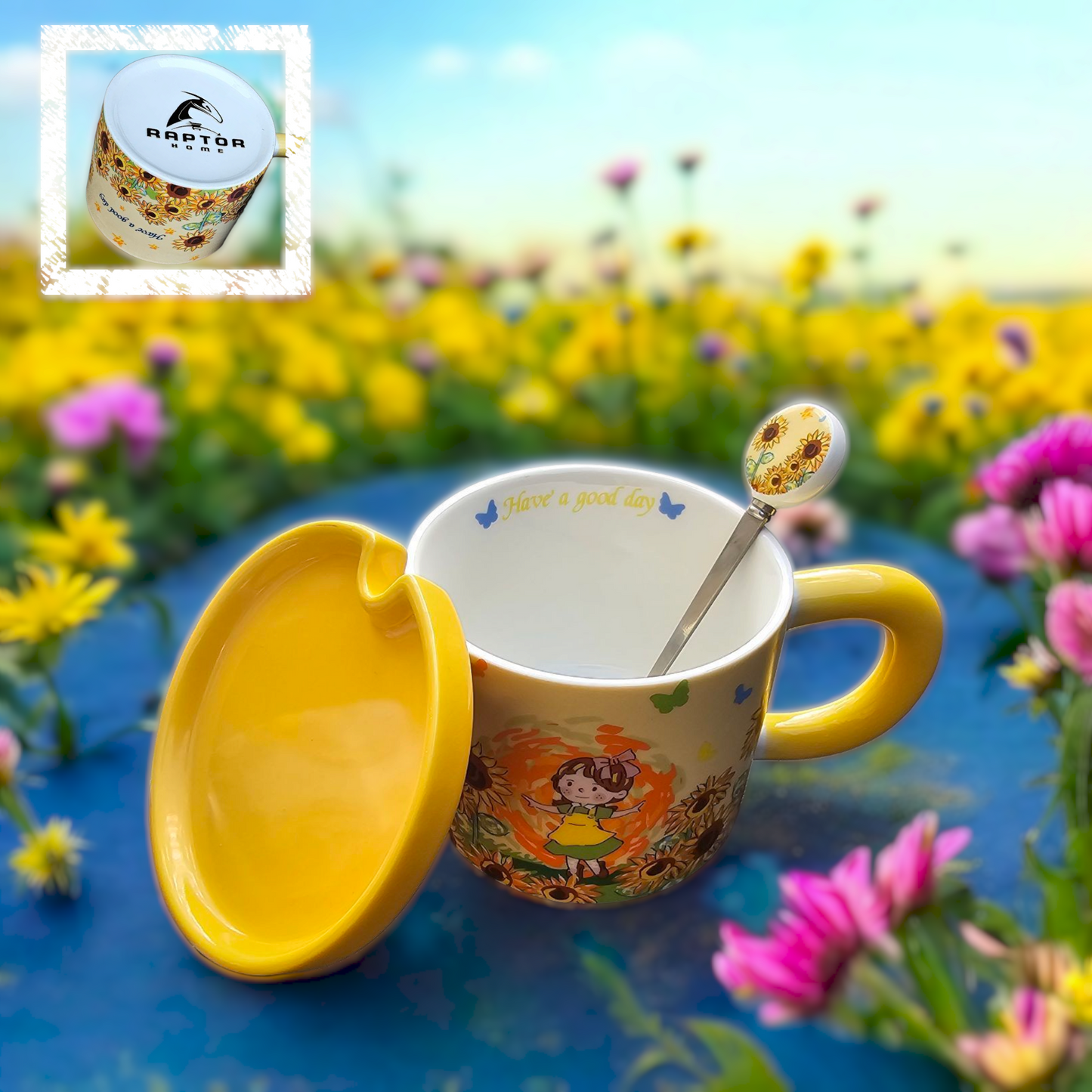 Raptor Home Kids' Ceramic Milk or Cereal Cup with Lid & Spoon 350ML