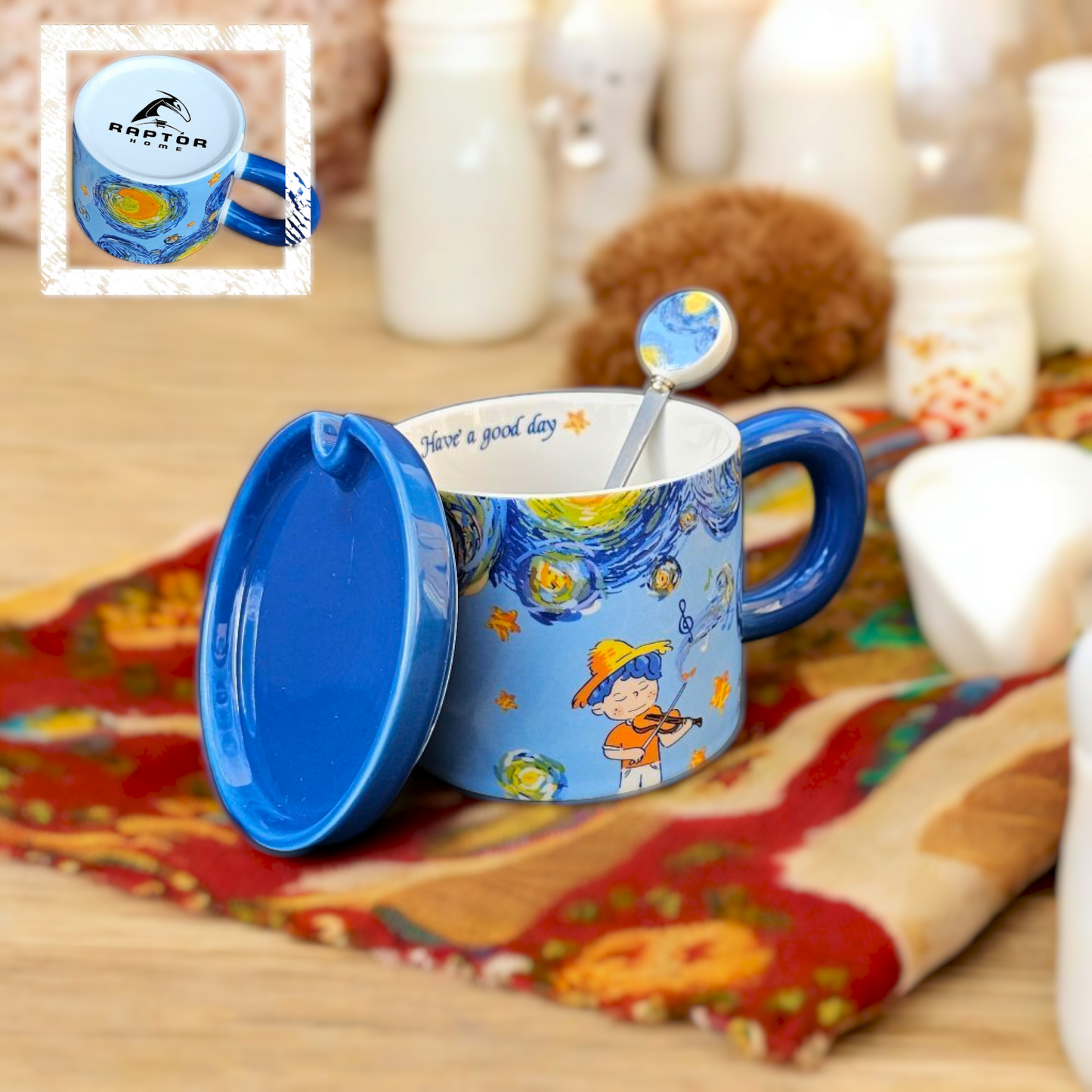 Raptor Home Kids' Ceramic Milk or Cereal Cup with Lid & Spoon 350ML