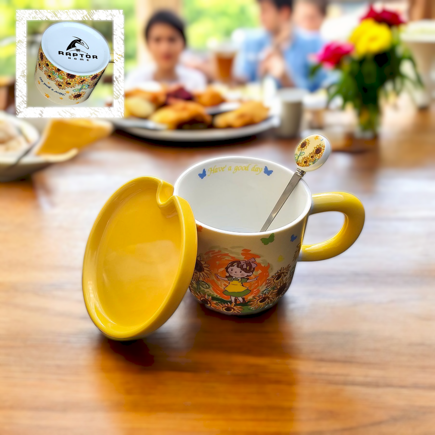 Raptor Home Kids' Ceramic Milk or Cereal Cup with Lid & Spoon 350ML