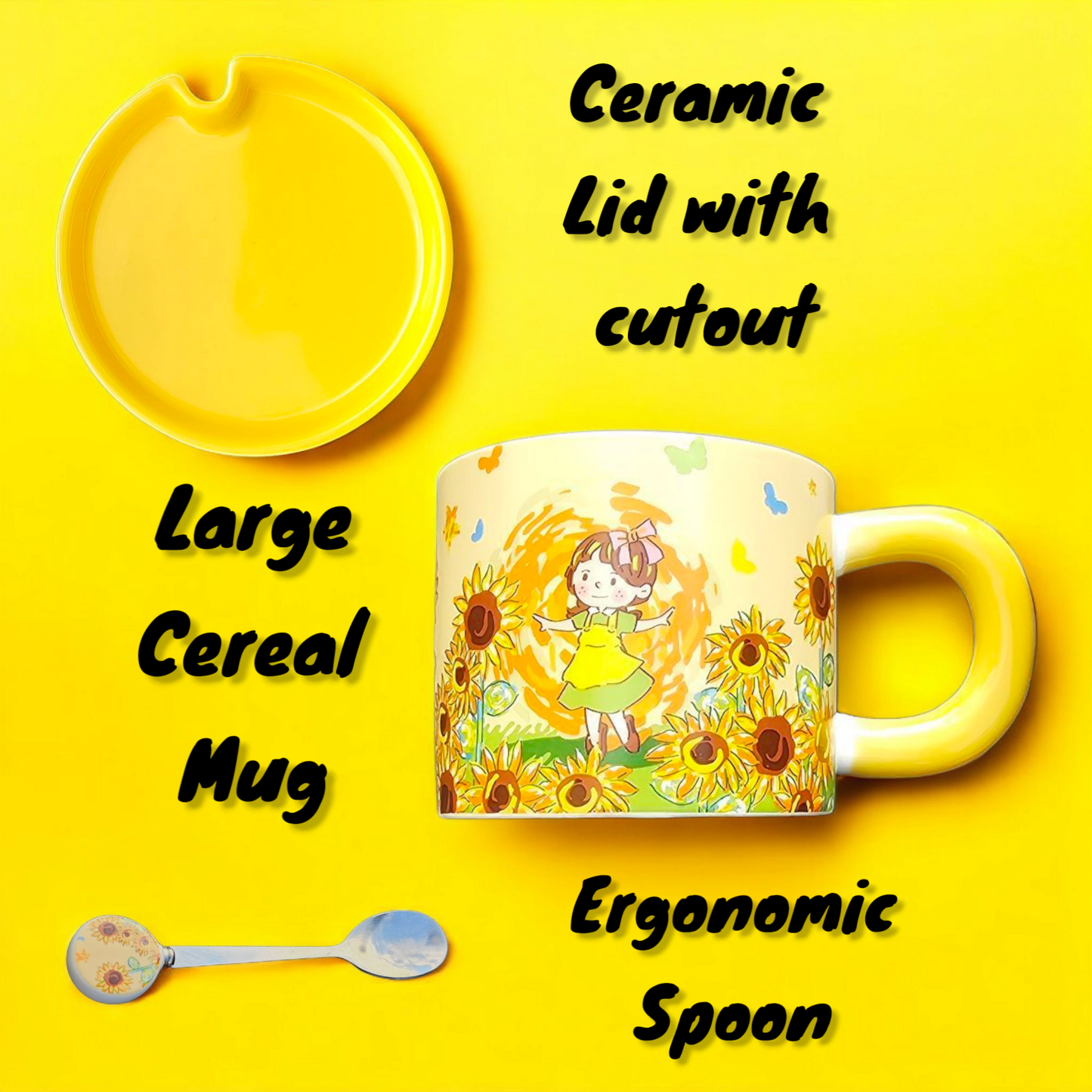 Raptor Home Kids' Ceramic Milk or Cereal Cup with Lid & Spoon 350ML