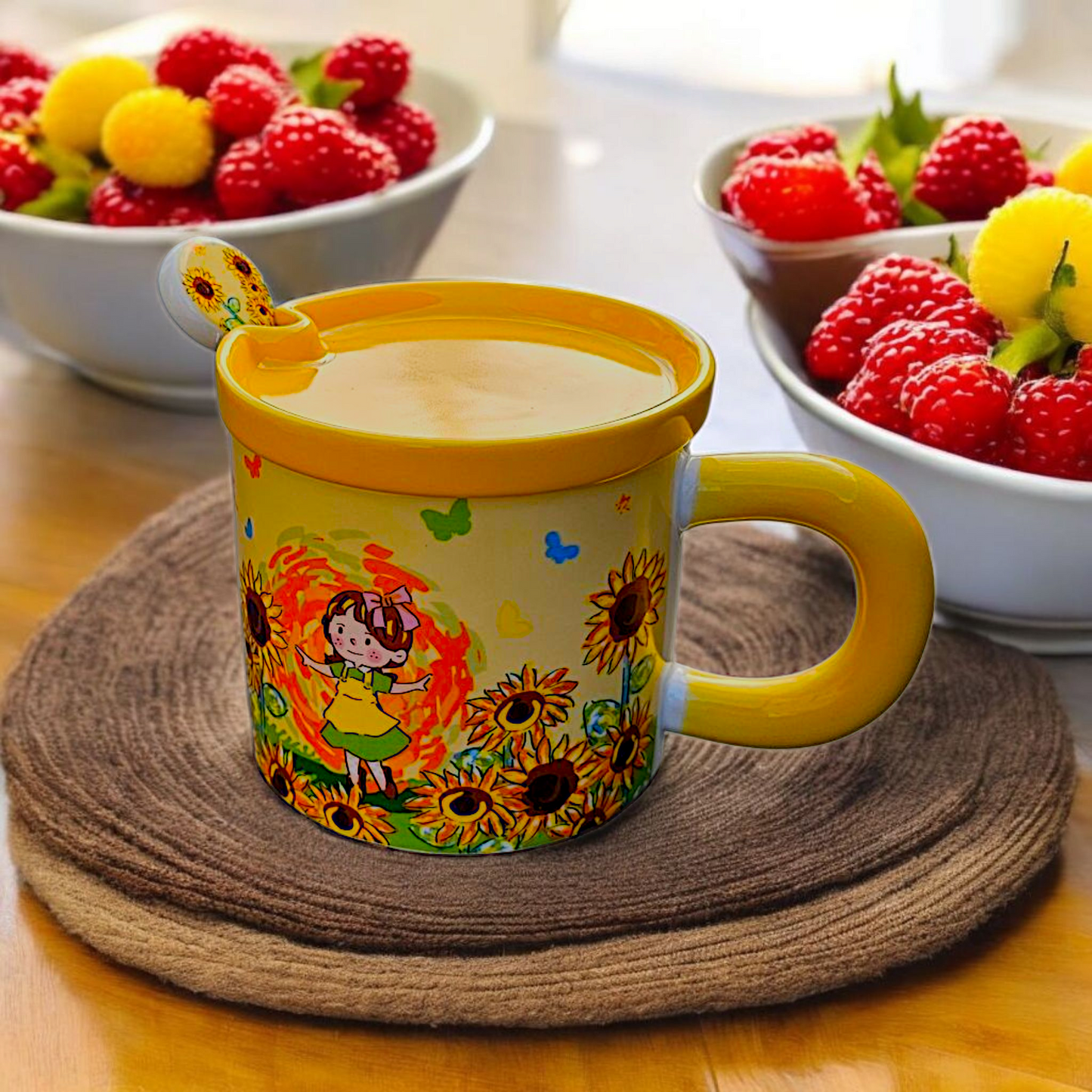Raptor Home Kids' Ceramic Milk or Cereal Cup with Lid & Spoon 350ML