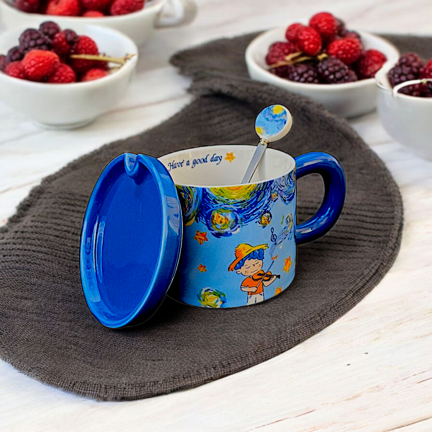 Raptor Home Kids' Ceramic Milk or Cereal Cup with Lid & Spoon 350ML