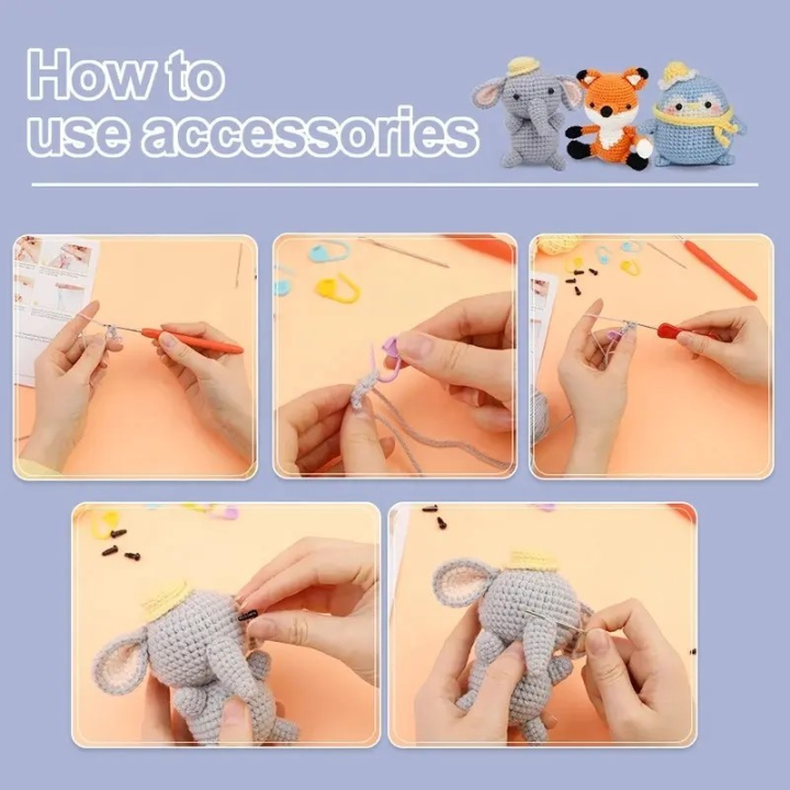 Raptor Home Beginner DIY Crochet Kit – Baby Penguin, Fox & Elephant