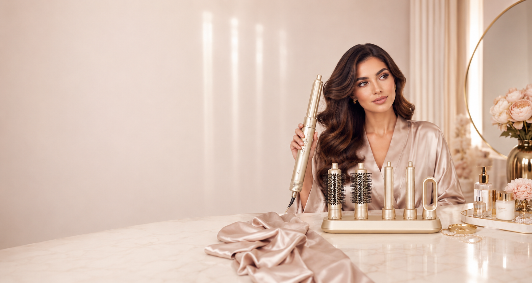 Woman with styled hair holding a hair styling tool in a luxurious setting with candles and decorative items.