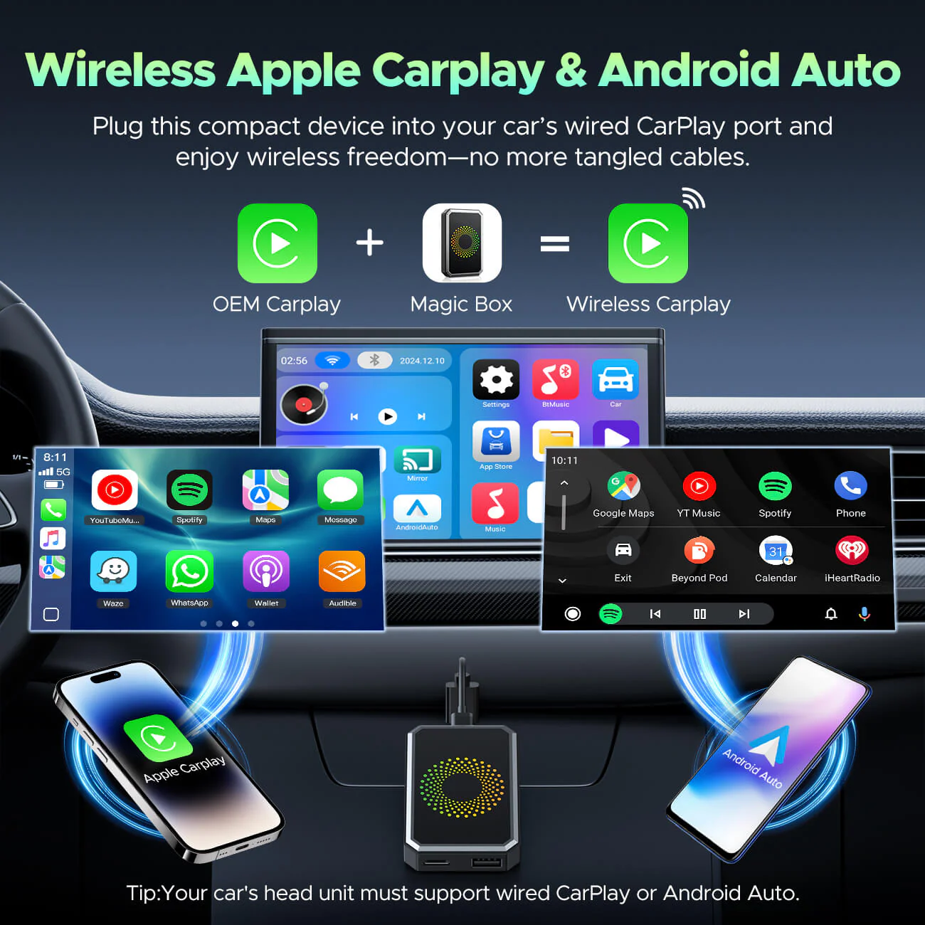 Raptor Home - 3‑in‑1 Magic Video Box – Wireless CarPlay & Android Auto + YouTube/TikTok/Netflix Streaming Dongle with HDMI & USB