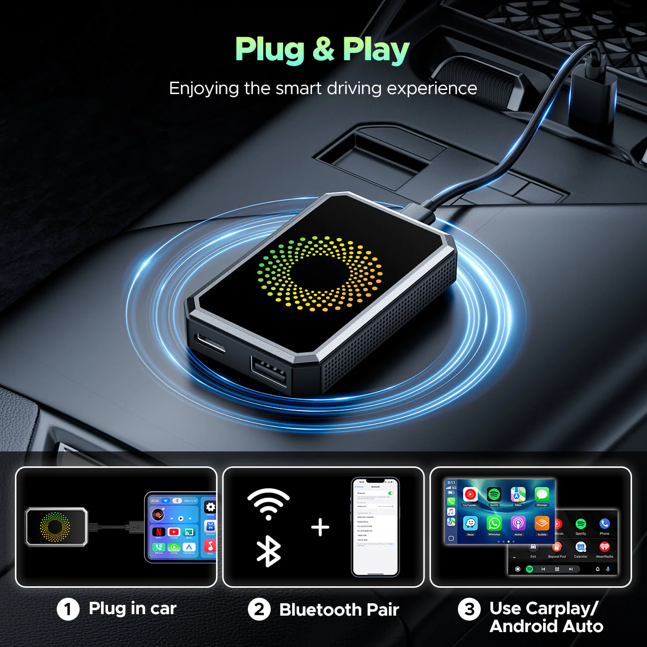Raptor Home - 3‑in‑1 Magic Video Box – Wireless CarPlay & Android Auto + YouTube/TikTok/Netflix Streaming Dongle with HDMI & USB
