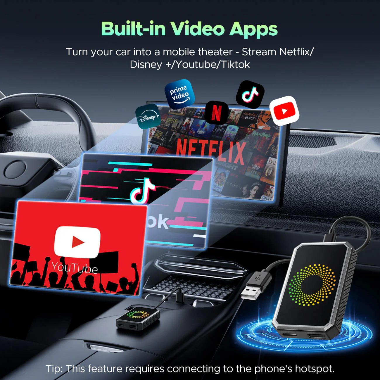 Raptor Home - 3‑in‑1 Magic Video Box – Wireless CarPlay & Android Auto + YouTube/TikTok/Netflix Streaming Dongle with HDMI & USB