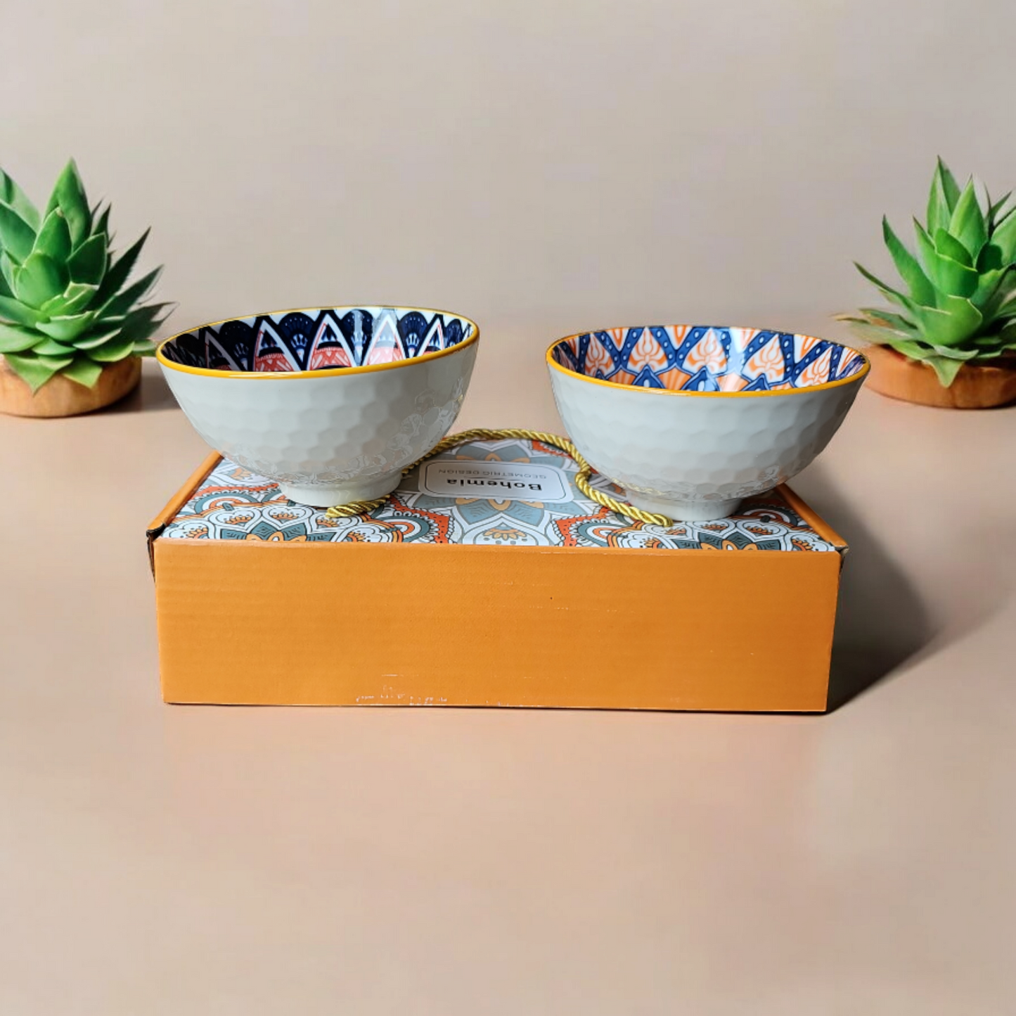 Bohemian Ceramic Soup Bowl Set with Chopsticks - Set of 2 | Gift Box | Microwave & Dishwasher Safe