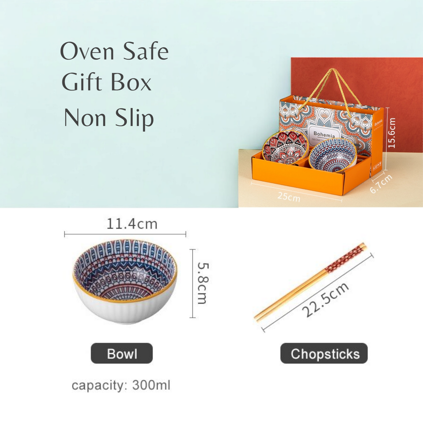 Bohemian Ceramic Soup Bowl Set with Chopsticks - Set of 2 | Gift Box | Microwave & Dishwasher Safe