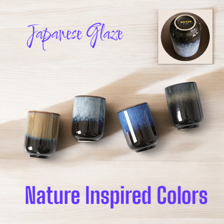 Raptor Home - Set of 4 Handmade Japanese; Arabic Inspired Glazed Ceramic Cups (300ml Each)