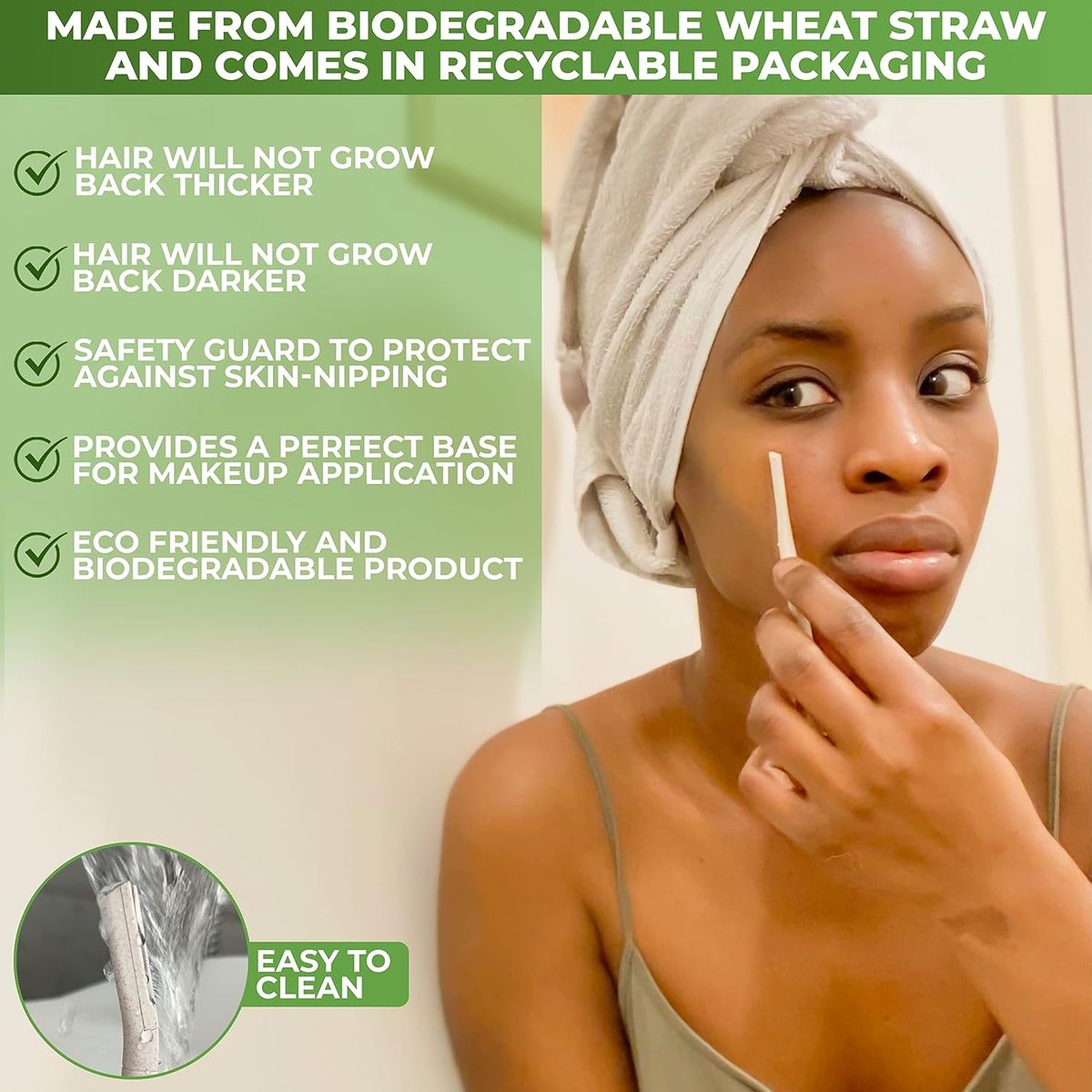 Woman applying makeup with a biodegradable tool, surrounded by text about product features.