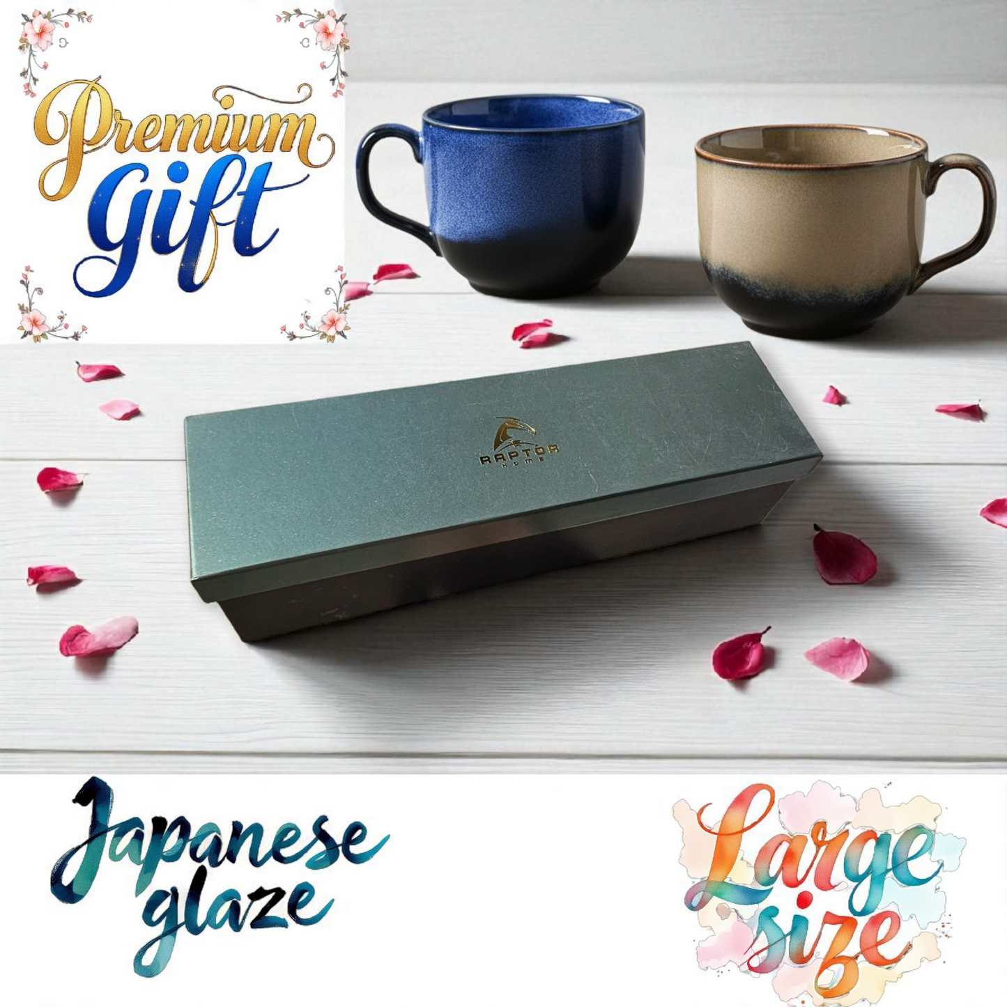 Raptor Home Umi a’Chi Ceramic Mug Set – 2× 450ml Handcrafted Cappuccino Cups with Japanese Glaze – Ocean Blue & Clay Brown – Microwave & Dishwasher Safe