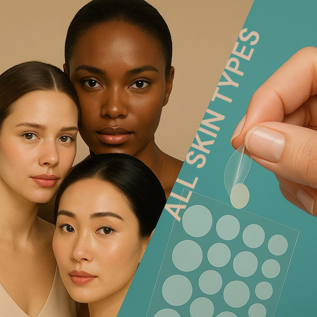 Three women with different skin tones and a product labeled 'All Skin Types' held by a hand.