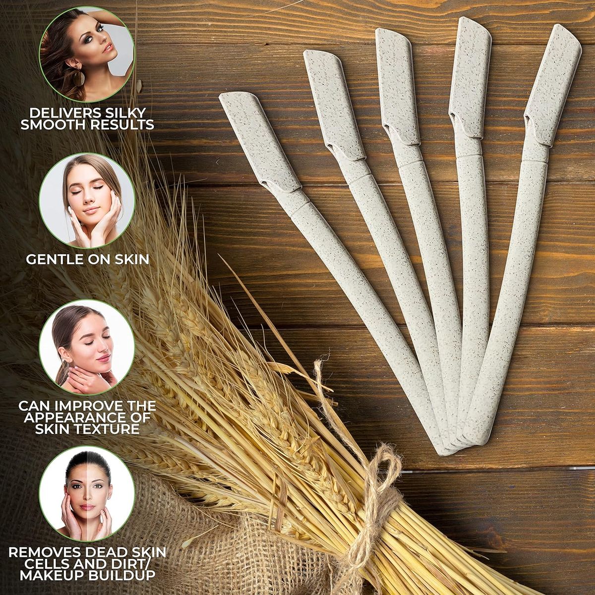 Set of five white razors on a wooden surface with wheat stalks, accompanied by text about skincare benefits.